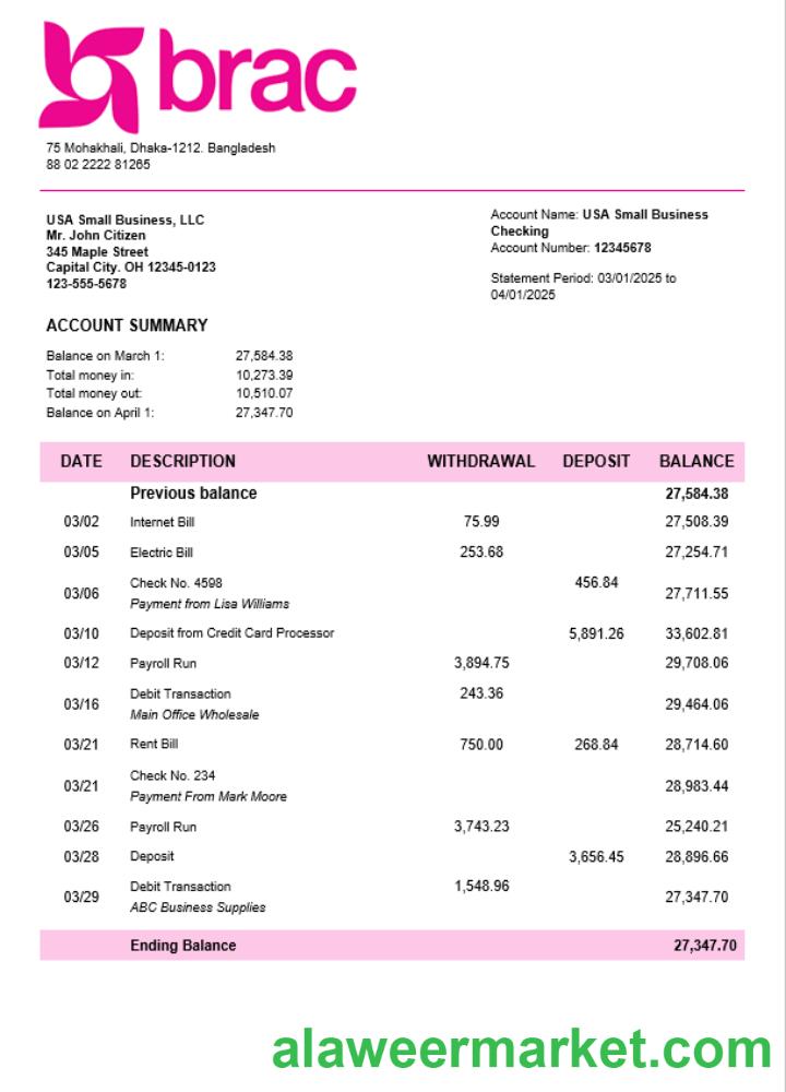 BRAC corporate checking account statement Word and PDF template